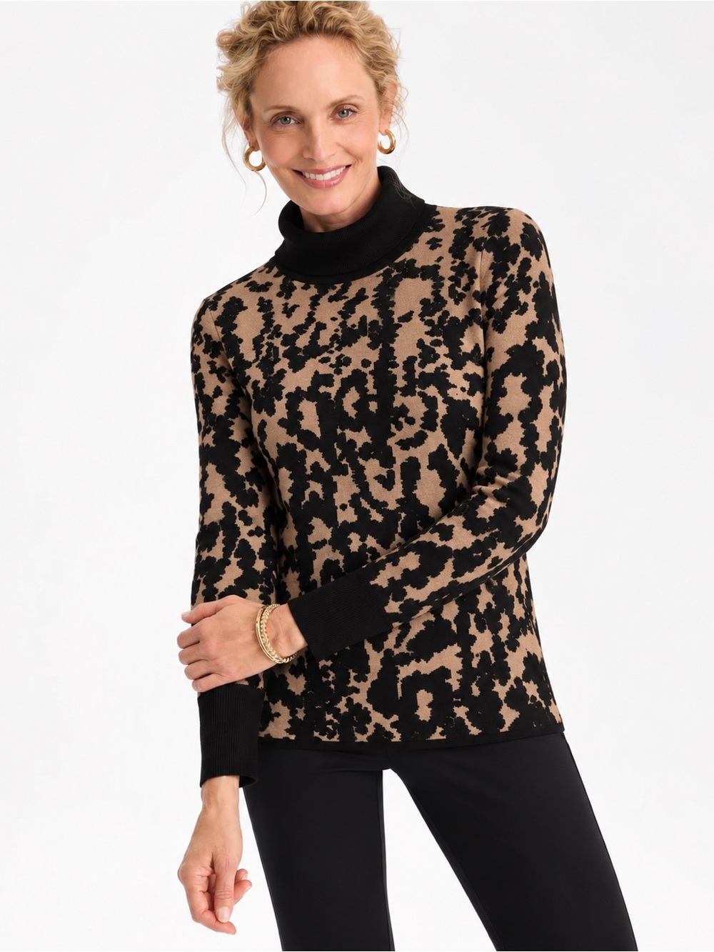 CHICO’S 4 Jacquard Animal Print Turtleneck Sweater XXL Black Camel Abstract